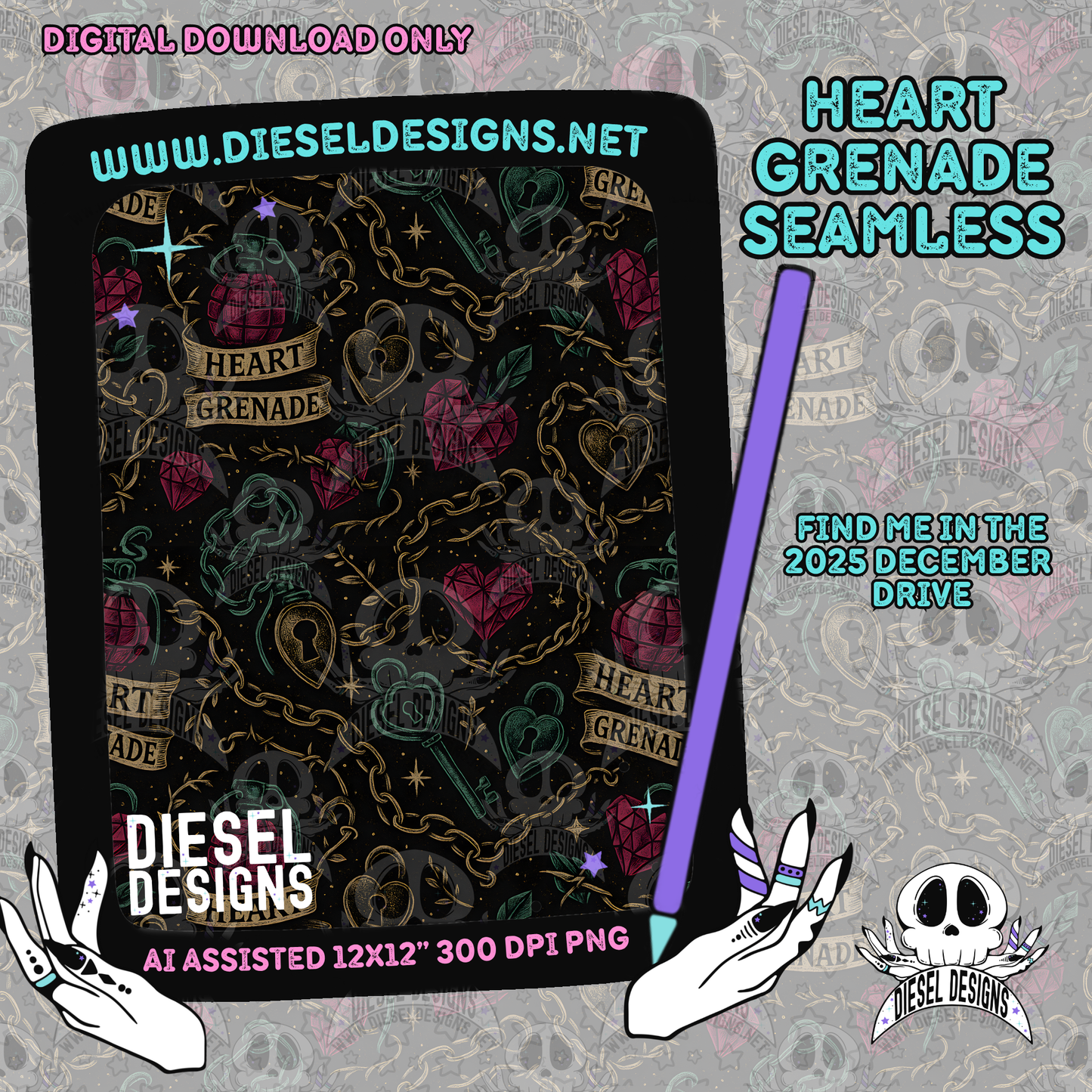 Heart Grenade Seamless | Seamless File | 300 DPI | 12" x 12" | Digital File only