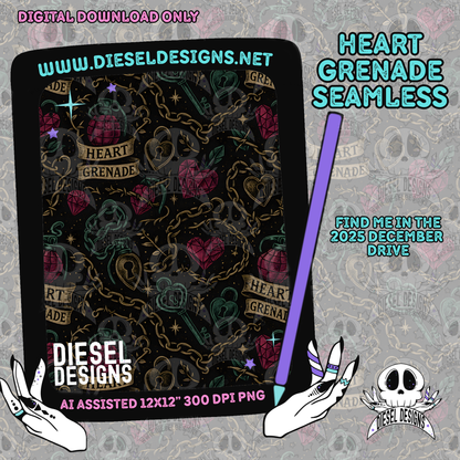 Heart Grenade Seamless | Seamless File | 300 DPI | 12" x 12" | Digital File only