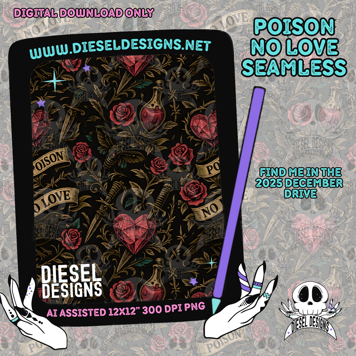 Poison No Love Seamless | Seamless File | 300 DPI | 12" x 12" | Digital File only