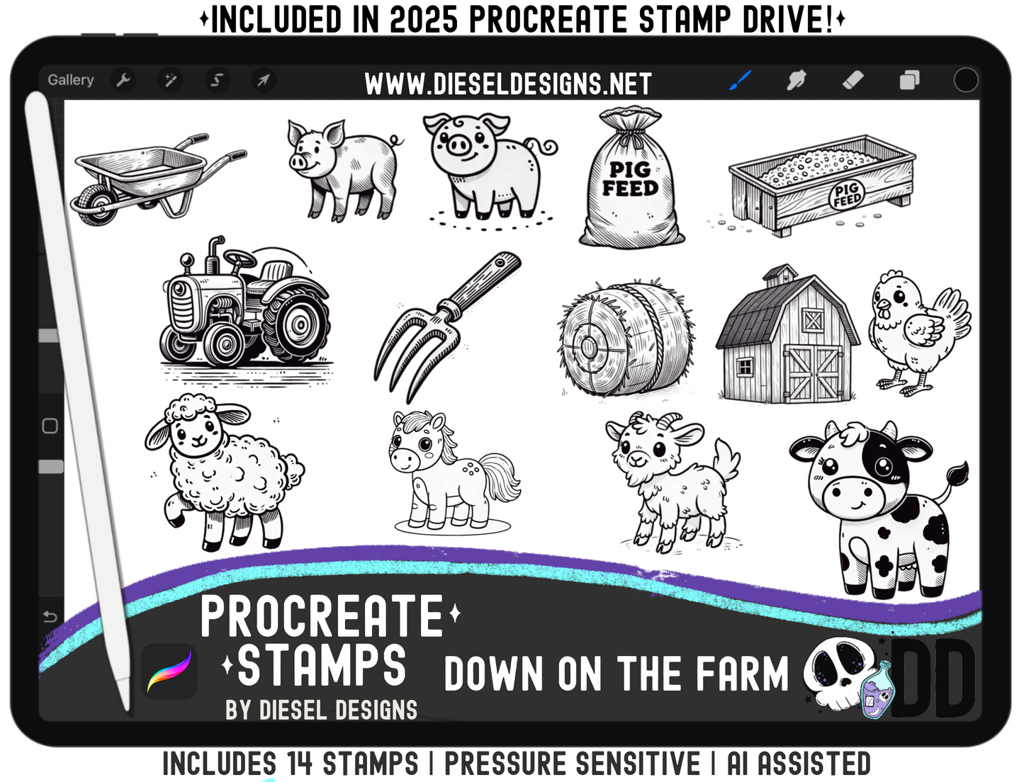 Down On The Farm Procreate Stamp Set | PROCREATE BRUSHES/STAMPS | Digital File Only