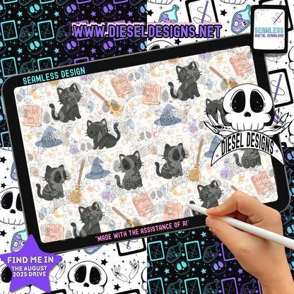 Witchy Cat V.1 Seamless | Seamless File | 300 DPI | 12" x 12" | Digital File only