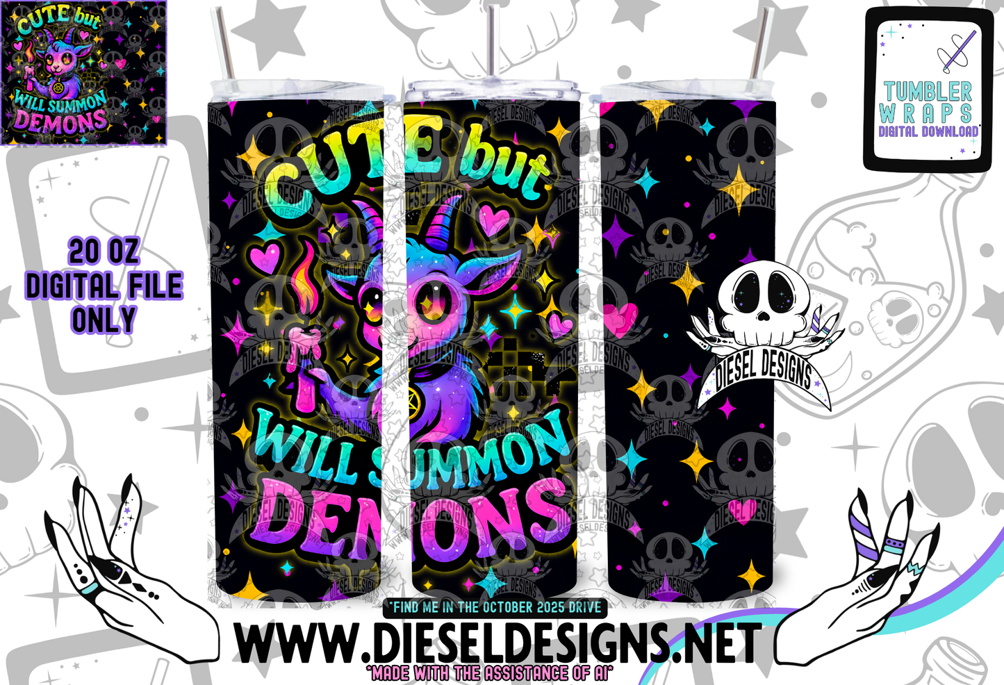 Cute But Will Summon Demons Tumbler | 20oz. Tumbler Wrap | 300 DPI | Digital File Only
