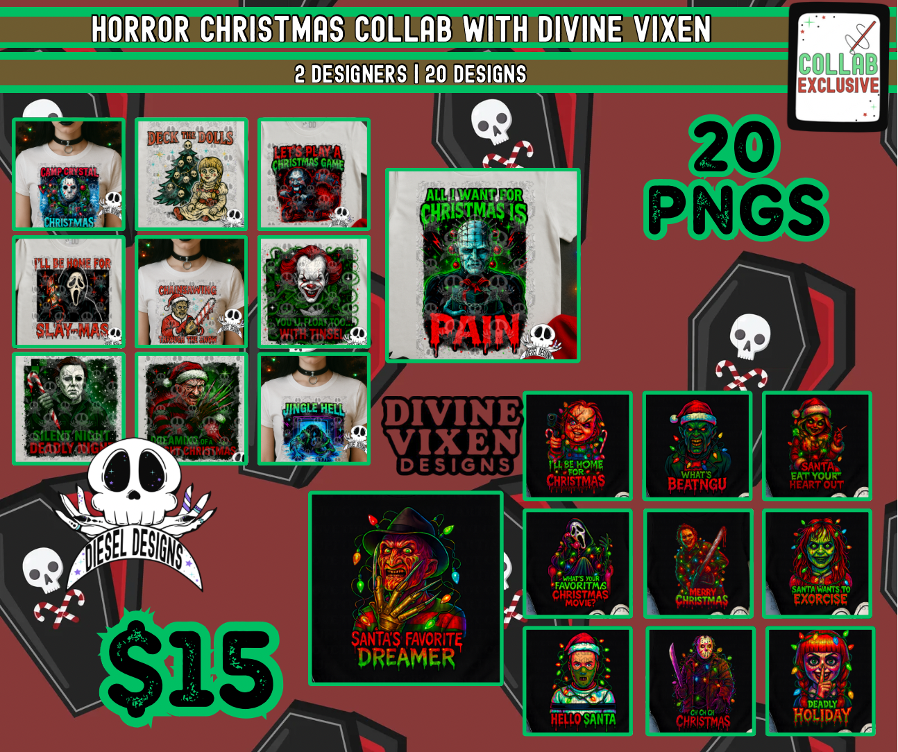 Horror Christmas Collab With Divine Vixen | 300 DPI | PNG | Seamless | Tumbler Wraps | Collab | Digital File Only