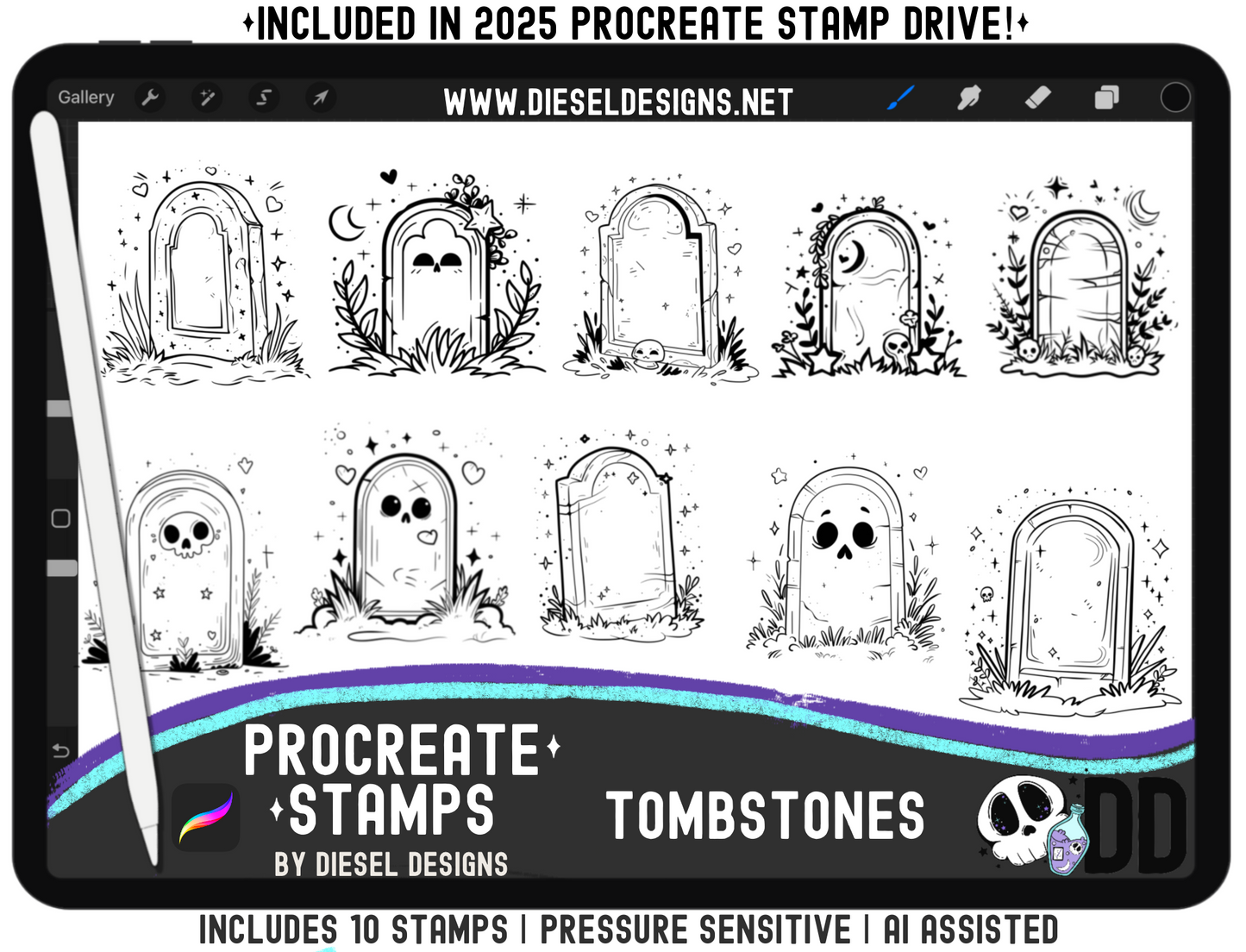 Tombstones Procreate Stamp Set — 10 Pressure‑Sensitive Grave Marker Stamps for Spooky Halloween Art (iPad + Apple Pencil)