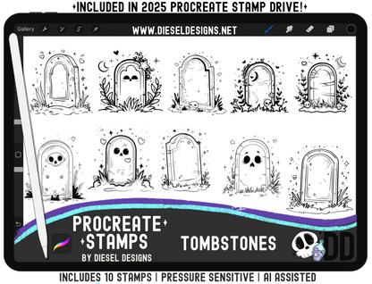 Tombstones Procreate Stamp Set — 10 Pressure‑Sensitive Grave Marker Stamps for Spooky Halloween Art (iPad + Apple Pencil)