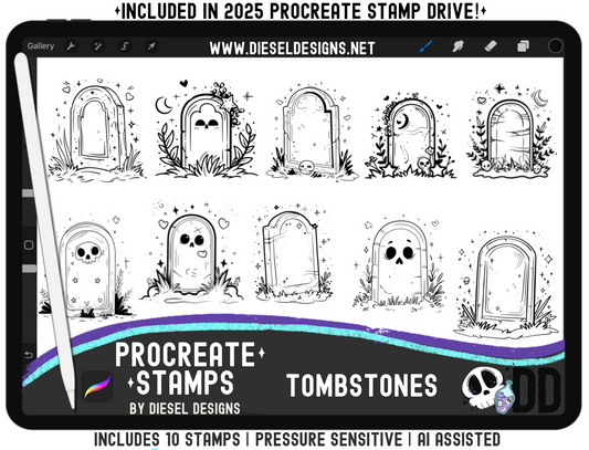 Tombstones Procreate Stamp Set — 10 Pressure‑Sensitive Grave Marker Stamps for Spooky Halloween Art (iPad + Apple Pencil)