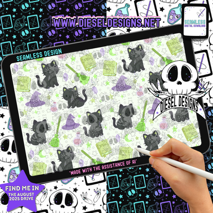 Witchy Cat V.2 Seamless | Seamless File | 300 DPI | 12" x 12" | Digital File only