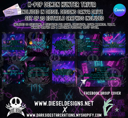 K-Pop Demon Hunter Trivia Game Night Kit — 20 Editable Canva Graphics, 30 Questions, 5 Rounds, Scorecards & Facebook Group Cover (Digital Download) 👾📣
