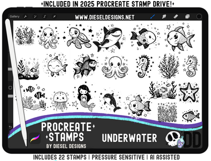 Procreate Stamps — Underwater Sea Creatures Set (22 Pressure-Sensitive Brushes, .brushset) 🐠🐙🧜‍♀️