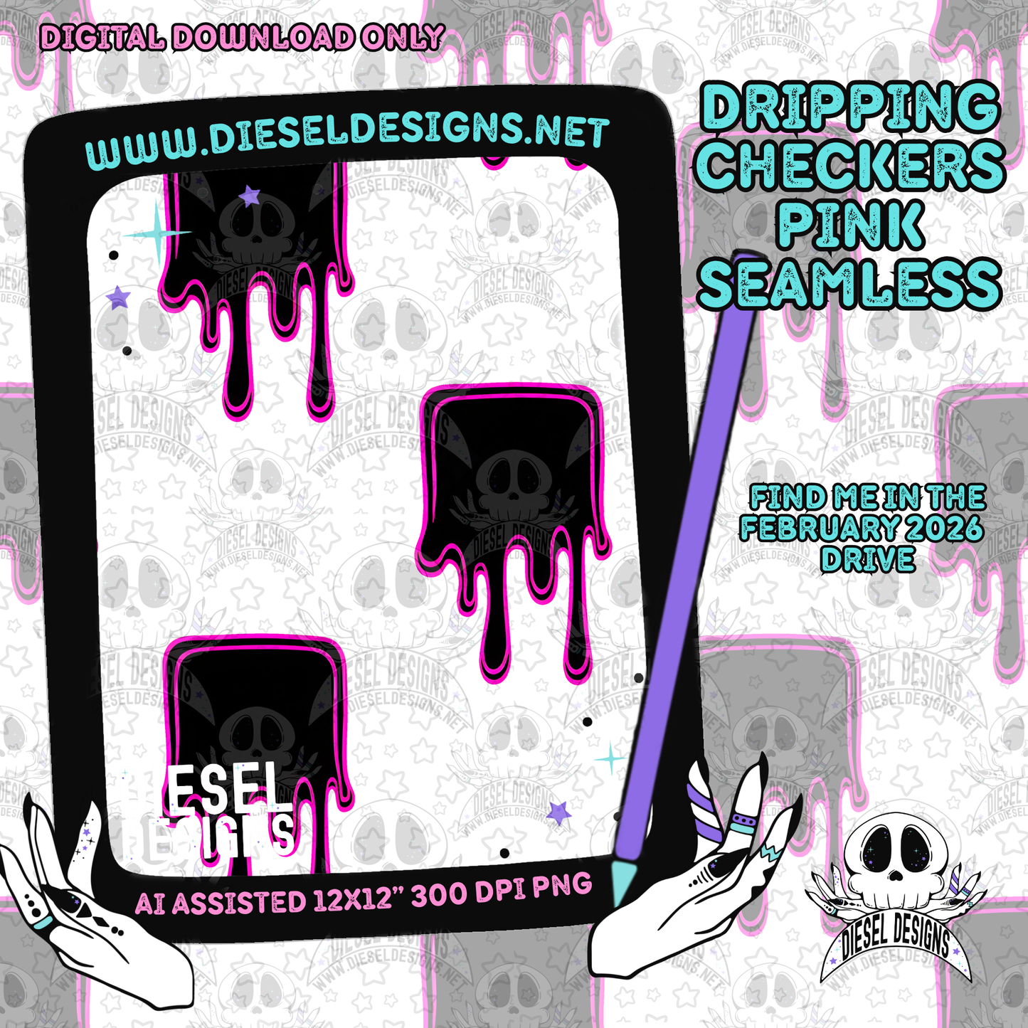 Dripping Checkers Pink Seamless | Seamless File | 300 DPI | 12" x 12" | Digital File only