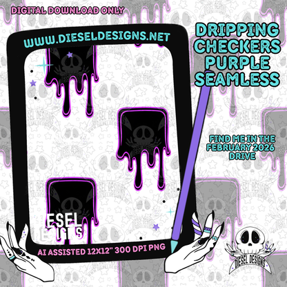 Dripping Checkers Purple Seamless | Seamless File | 300 DPI | 12" x 12" | Digital File only