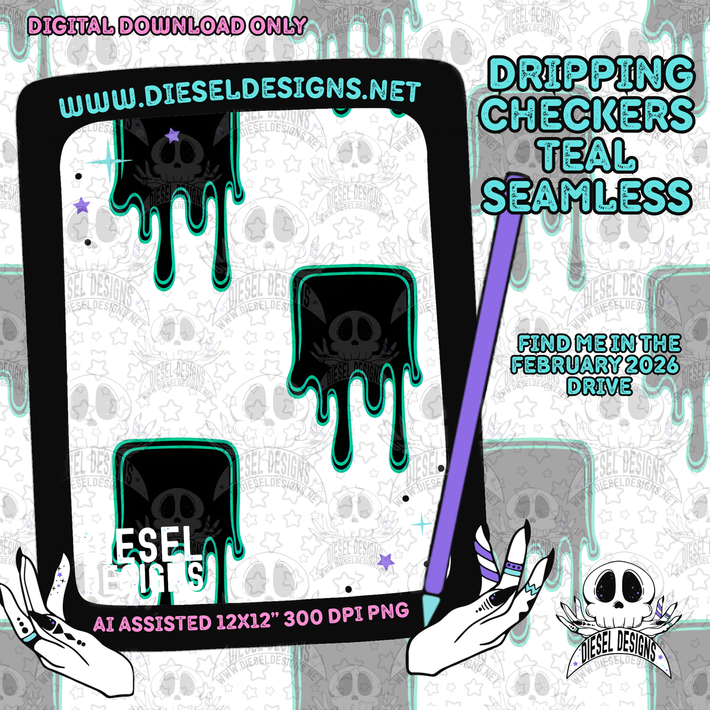 Dripping Checkers Teal Seamless | Seamless File | 300 DPI | 12" x 12" | Digital File only