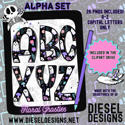 Floral Ghosties Alpha Set | 300 DPI | Transparent PNG | Alpha Set | A-Z Included | Uppercase