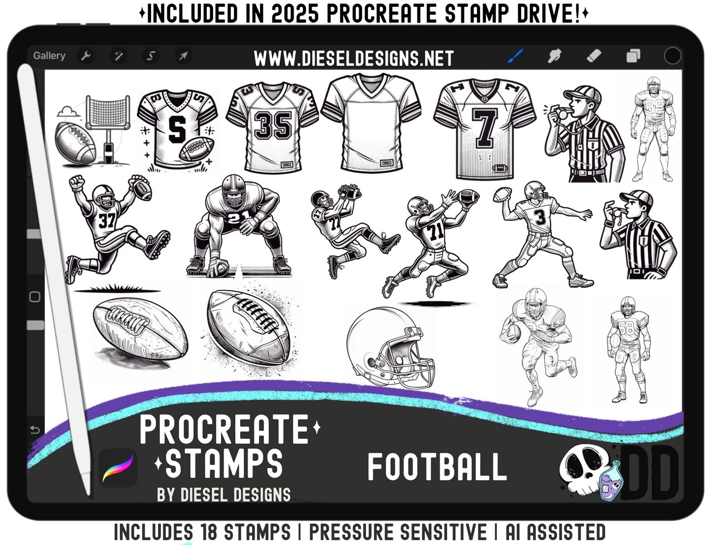 Procreate Stamps — Football Playmaker Set (18 Pressure-Sensitive Brushes, Jerseys, Players, Refs, Balls & Helmet .brushset)