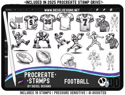 Procreate Stamps — Football Playmaker Set (18 Pressure-Sensitive Brushes, Jerseys, Players, Refs, Balls & Helmet .brushset)
