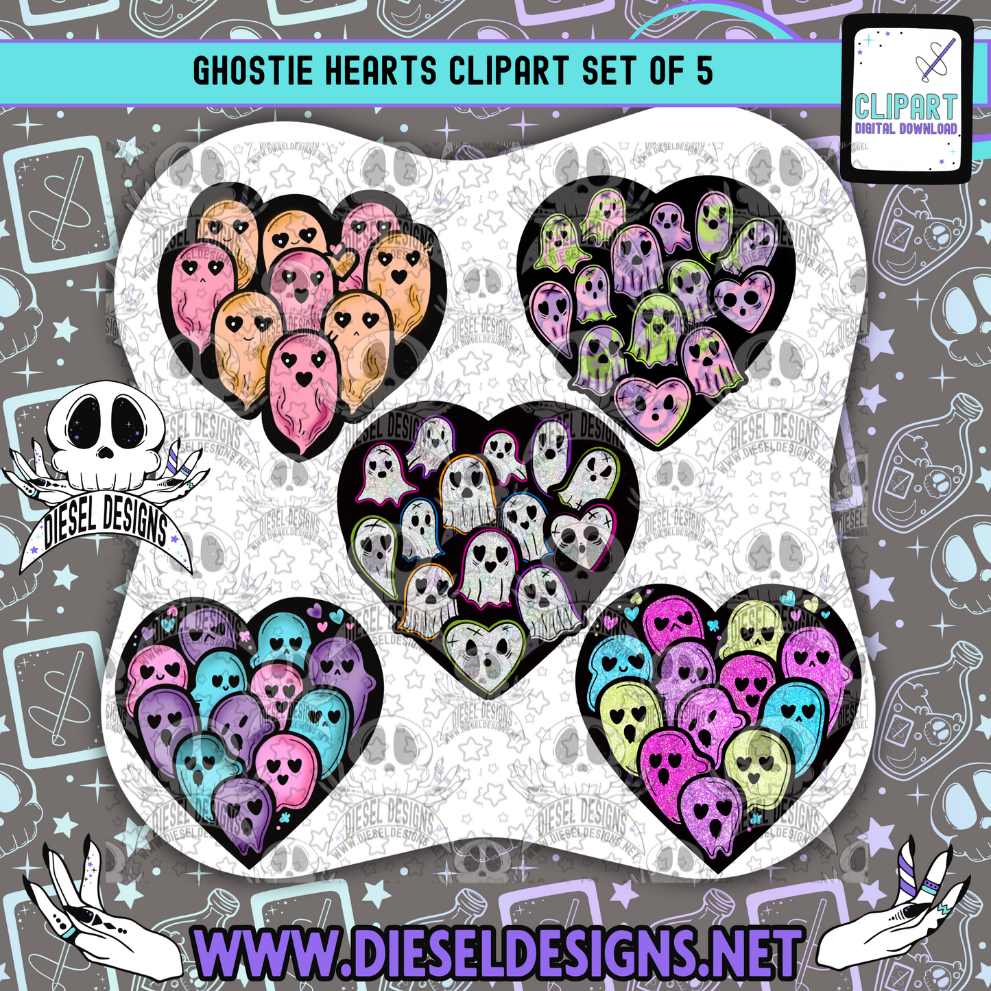 Ghostie Hearts Clipart & Elements Set of 5| 300 DPI | Transparent PNG | Clipart & Elements |