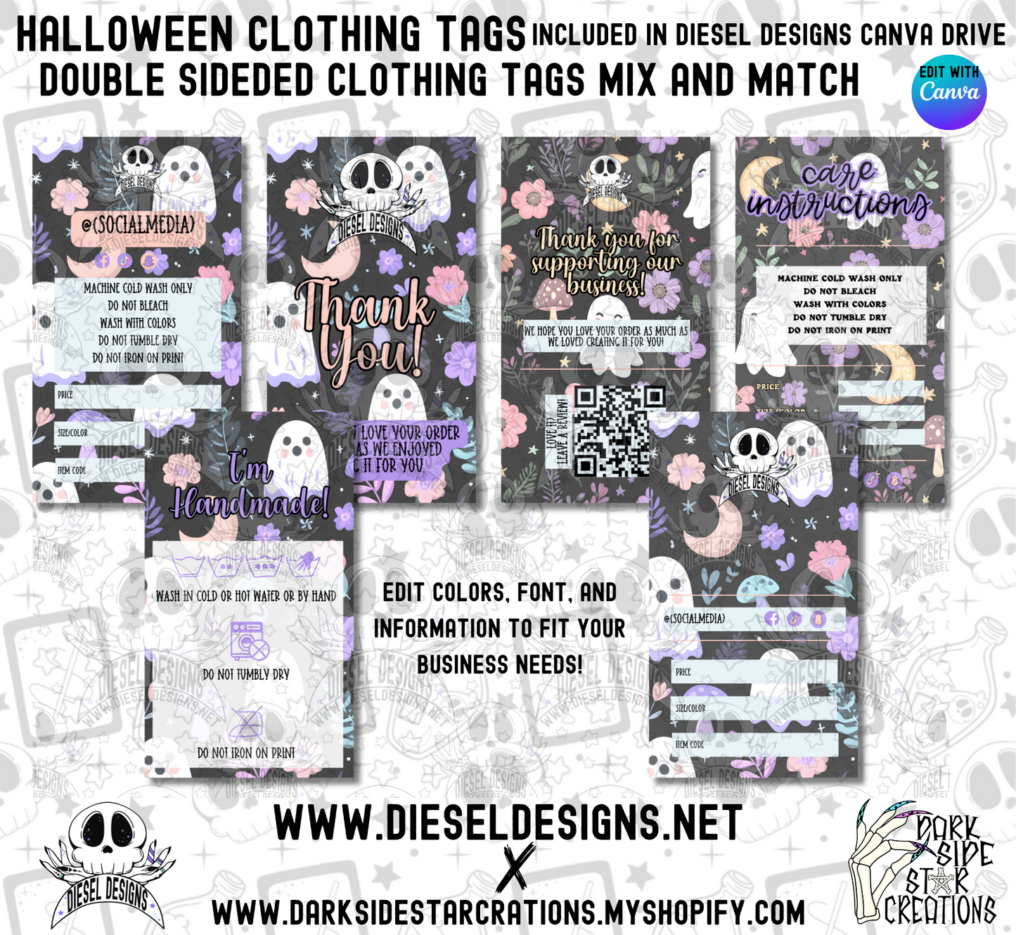 Halloween Clothing Tag with Size Socials and Care Instructions | Clothing Tag | Editable in CANVA