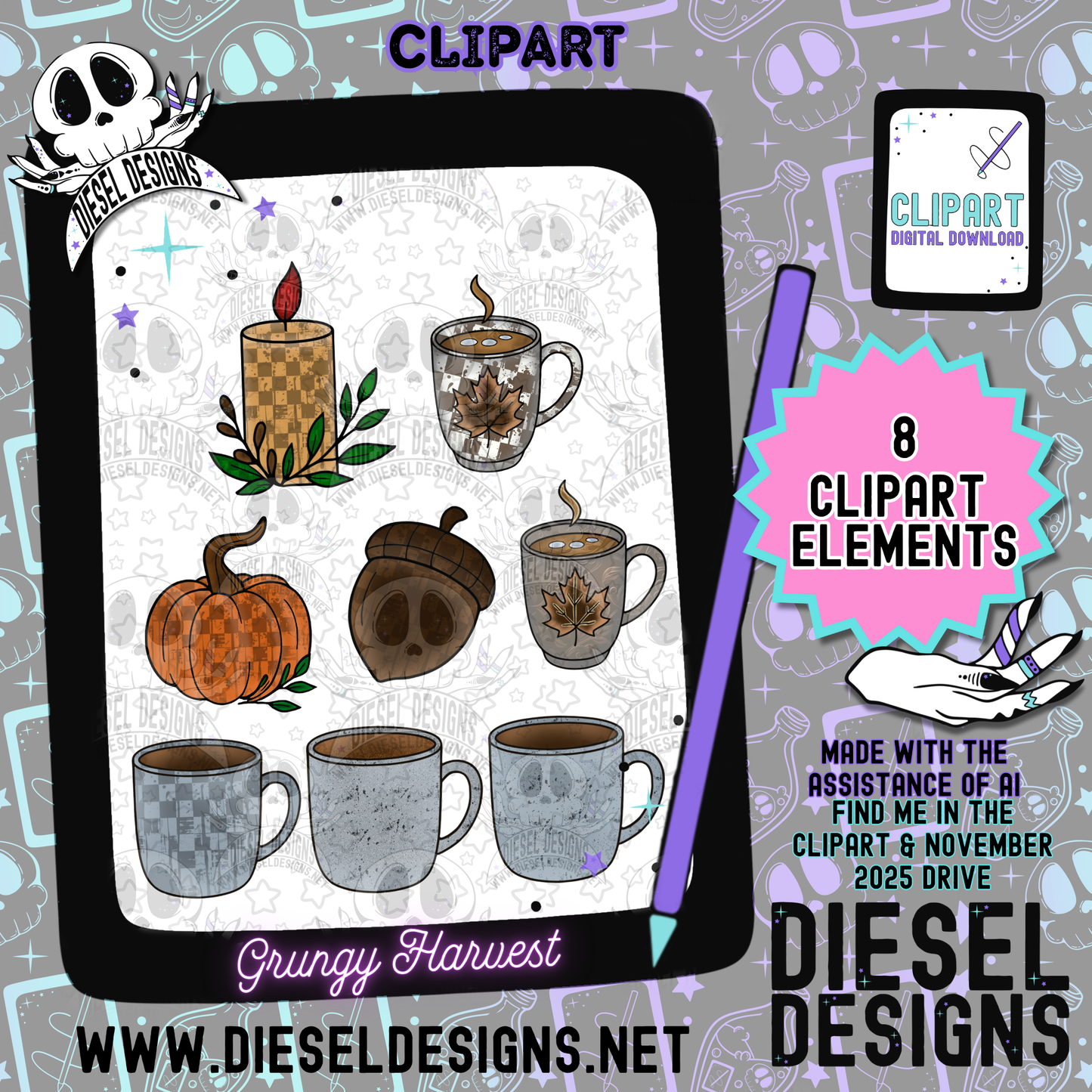 Grungy Harvest Clipart Set  | 300 DPI | Transparent PNG | Clipart & Elements |