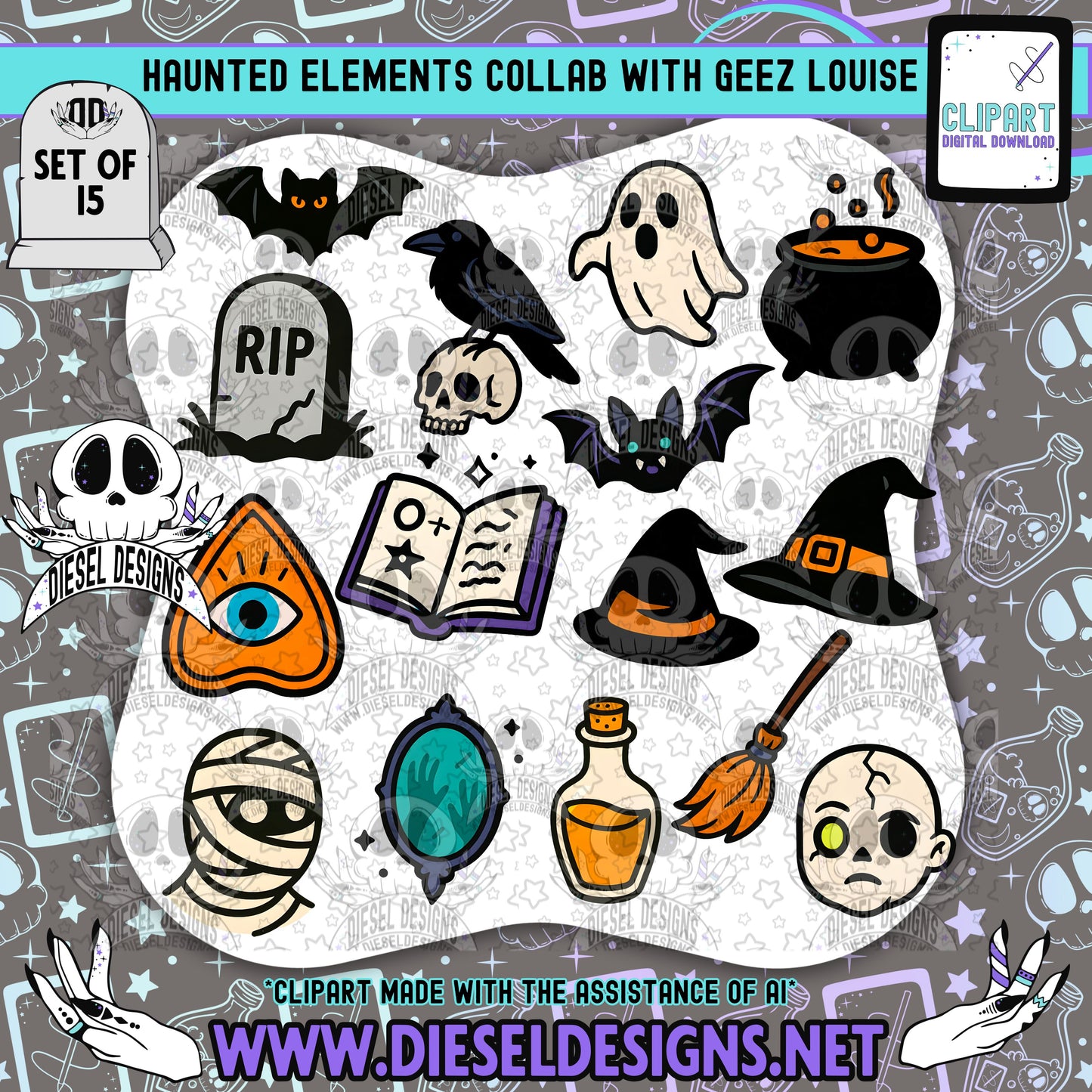Haunted Elements Collab With Geez Louise | Clipart | OTF Fonts | Alpha Set | Procreate Stamp Set