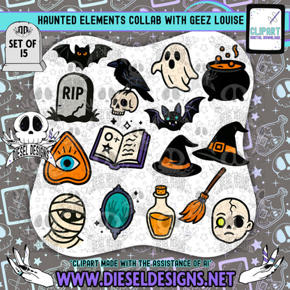 Haunted Elements Collab With Geez Louise | Clipart | OTF Fonts | Alpha Set | Procreate Stamp Set