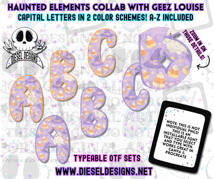 Haunted Elements Collab With Geez Louise | Clipart | OTF Fonts | Alpha Set | Procreate Stamp Set