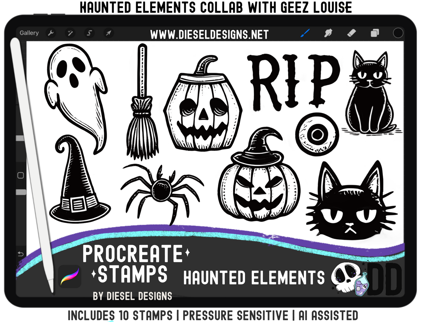Haunted Elements Collab With Geez Louise | Clipart | OTF Fonts | Alpha Set | Procreate Stamp Set