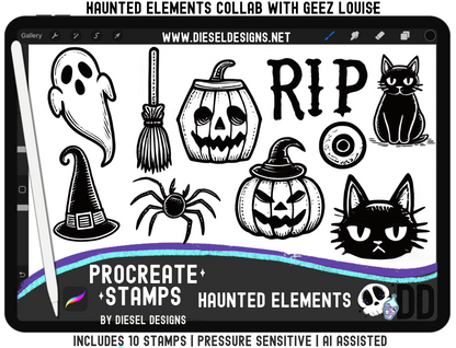 Haunted Elements Collab With Geez Louise | Clipart | OTF Fonts | Alpha Set | Procreate Stamp Set