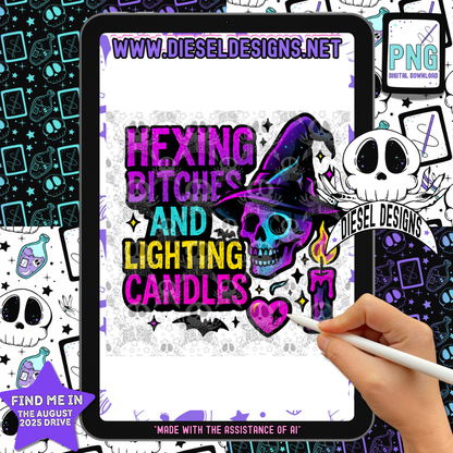 Hexing B*tches & Lighting Candles — Witchy Skull Halloween PNG for Shirts, Stickers & Tumblers (300 DPI Digital Download) 🕯️💀