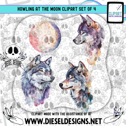 Howling At The Moon Clipart & Elements Set of 4 | 300 DPI | Transparent PNG | Clipart & Elements |
