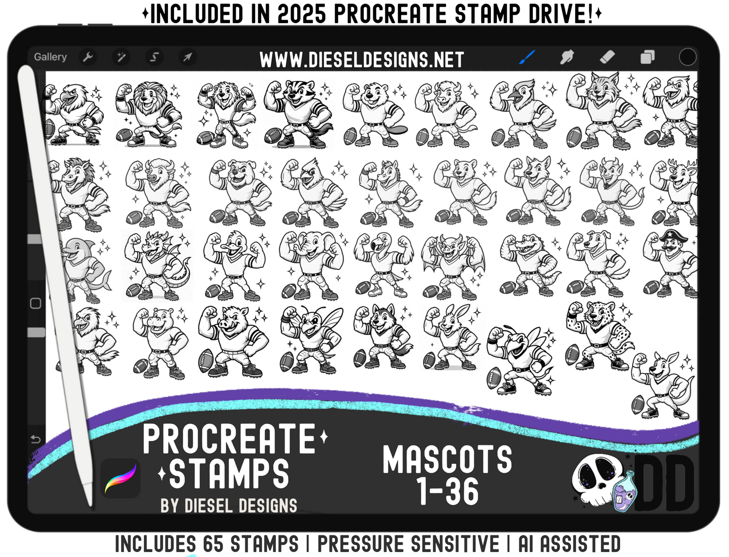 Mascots Procreate Stamp Mega Set — All 65 Pressure‑Sensitive Sports Mascots for Fast Team Art (iPad + Apple Pencil)