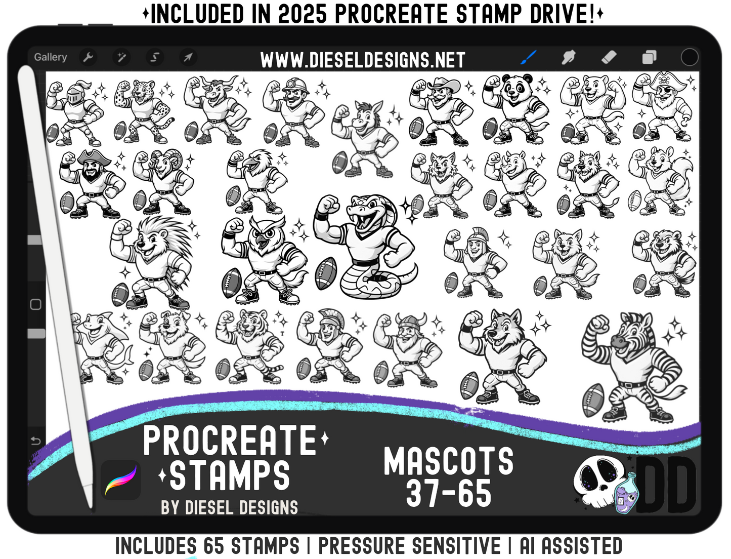 Mascots Procreate Stamp Mega Set — All 65 Pressure‑Sensitive Sports Mascots for Fast Team Art (iPad + Apple Pencil)