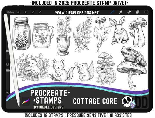 Cottage Core Procreate Stamp Set — 12 Pressure‑Sensitive Stamps for Fast Whimsy Woodland Art (iPad + Apple Pencil)