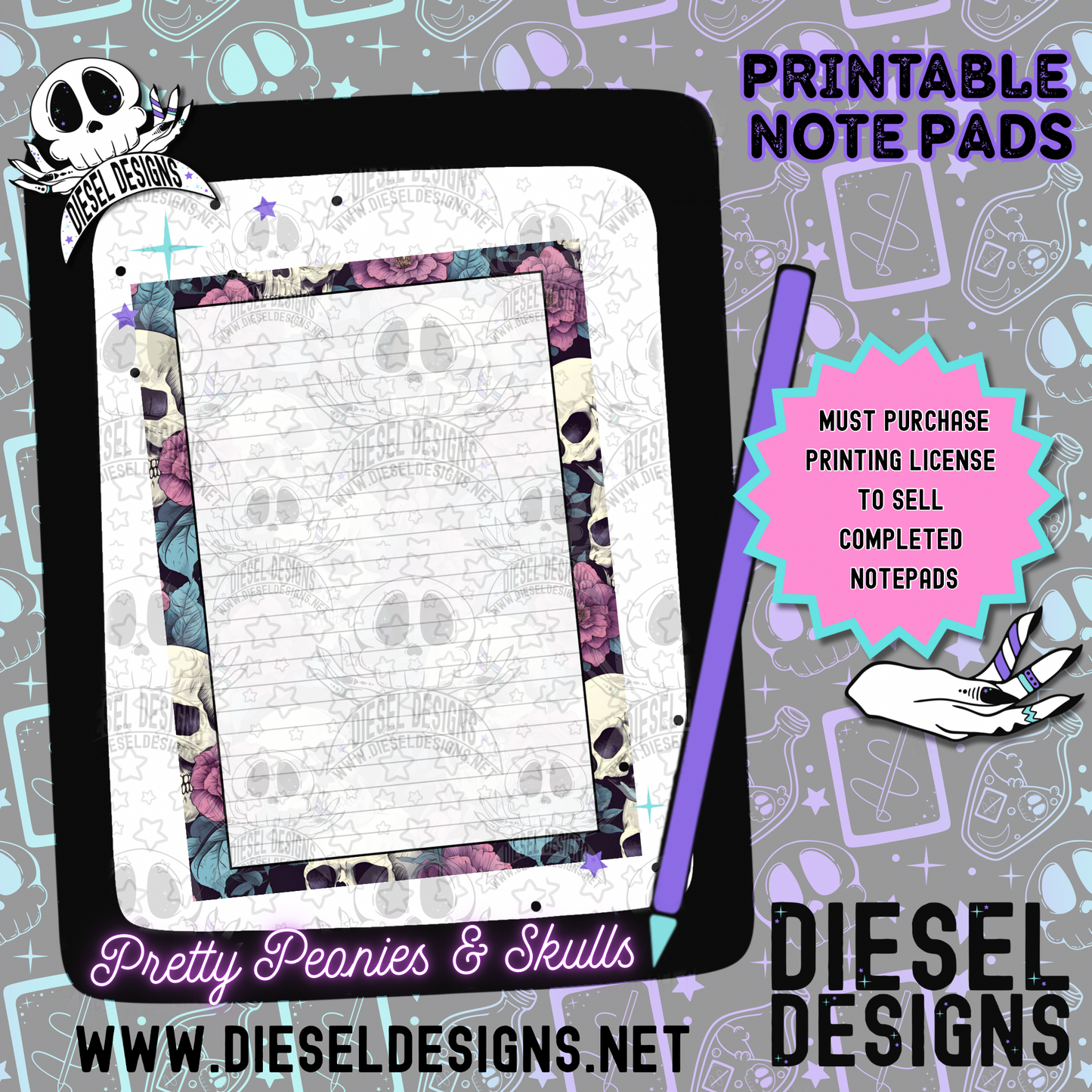 Pretty Peonies And Skulls Digital Notepad Paper | Lined Stationery for Goodnotes, Notability, & Printable Notepads | Digital Download Only