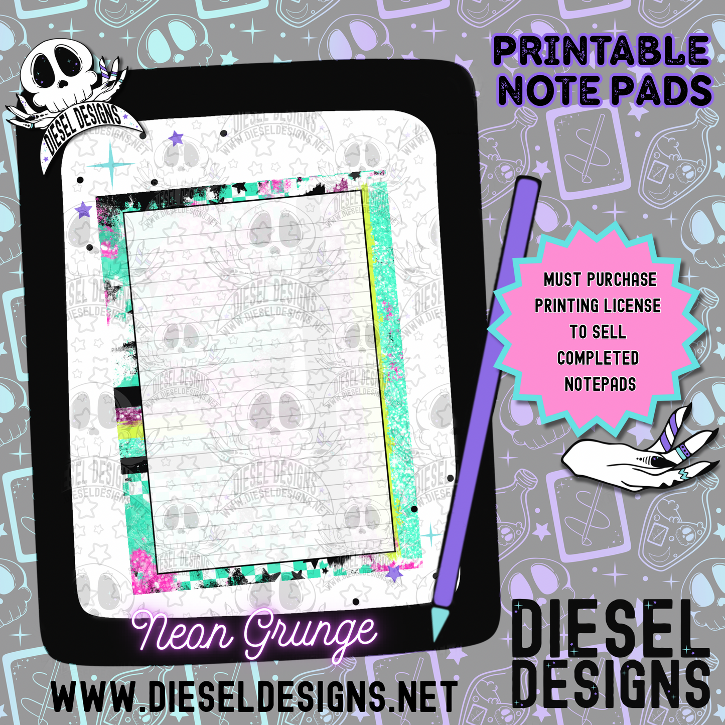 Neon Grunge Digital Notepad Paper | Lined Stationery for Goodnotes, Notability, & Printable Notepads | Digital Download Only