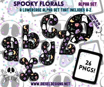 Spooky Florals Alpha Set | 300 DPI | Transparent PNG | Alpha Set | A-Z Included | Lowercase