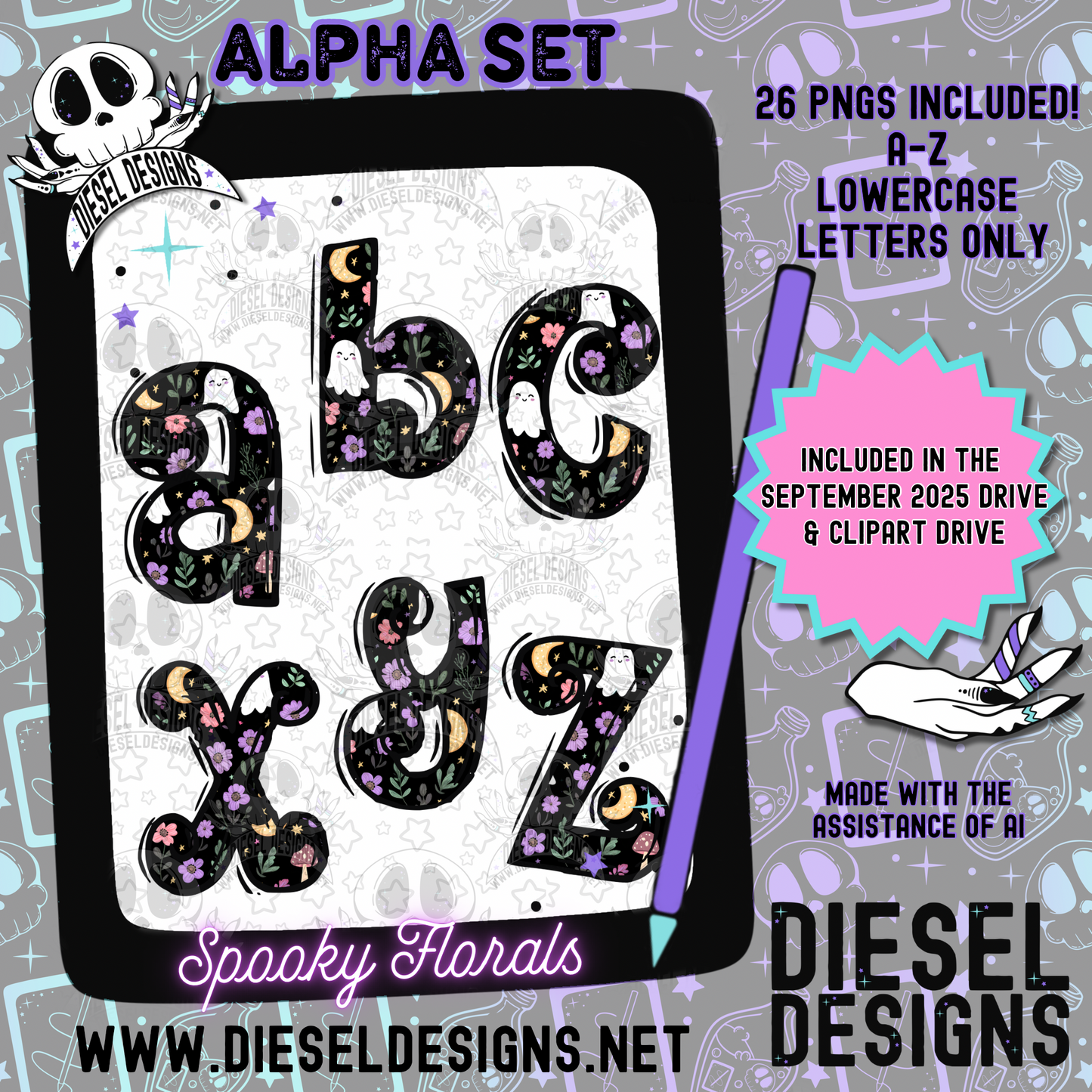 Spooky Florals Alpha Set | 300 DPI | Transparent PNG | Alpha Set | A-Z Included | Lowercase
