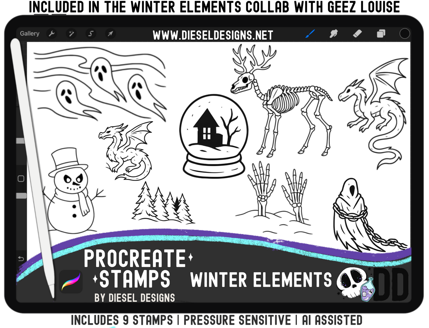 Winter Elements Collab With Geez Louise | Clipart | OTF Fonts | Alpha Sets | Procreate Stamp Set