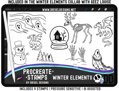 Winter Elements Collab With Geez Louise | Clipart | OTF Fonts | Alpha Sets | Procreate Stamp Set