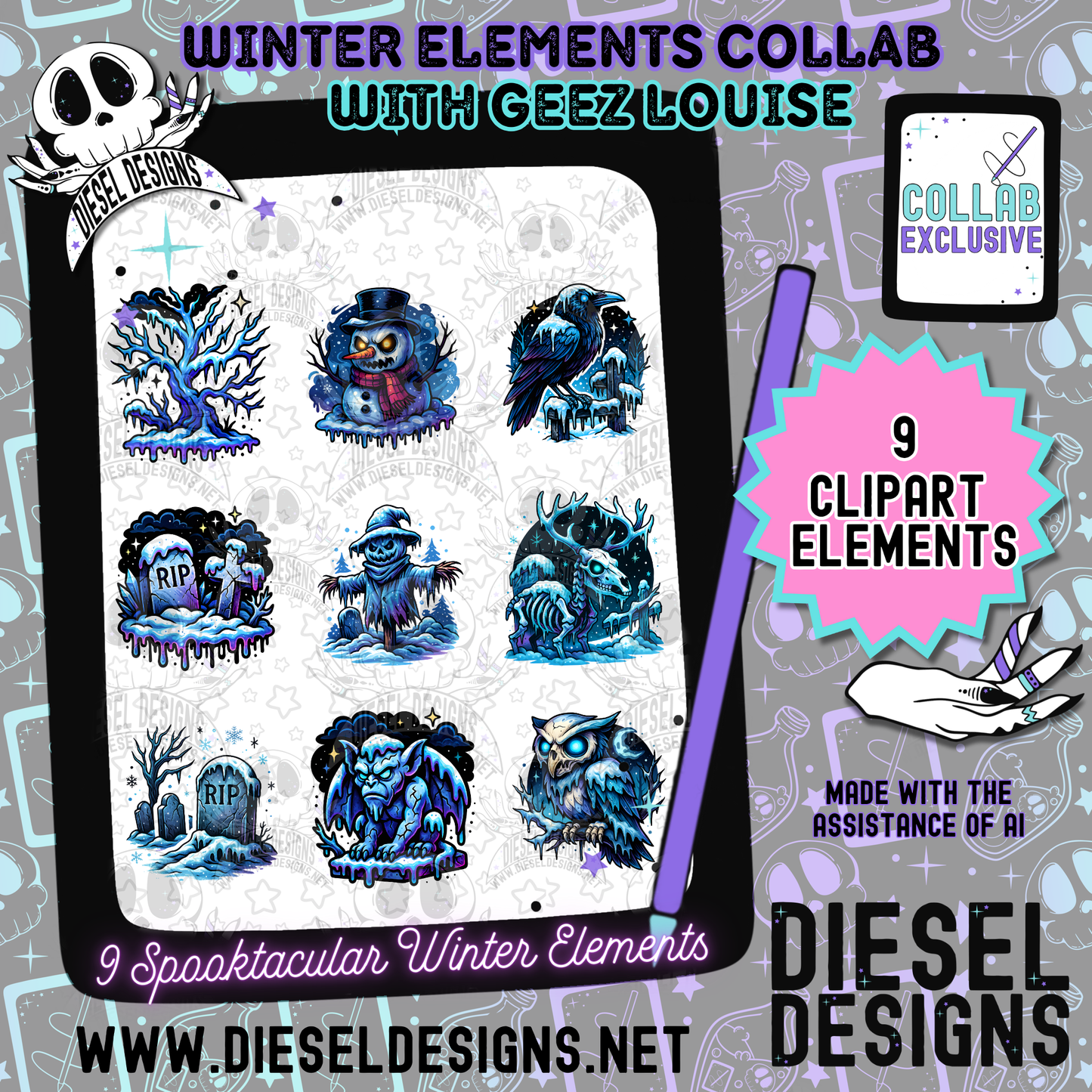 Winter Elements Collab With Geez Louise | Clipart | OTF Fonts | Alpha Sets | Procreate Stamp Set