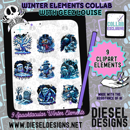 Winter Elements Collab With Geez Louise | Clipart | OTF Fonts | Alpha Sets | Procreate Stamp Set
