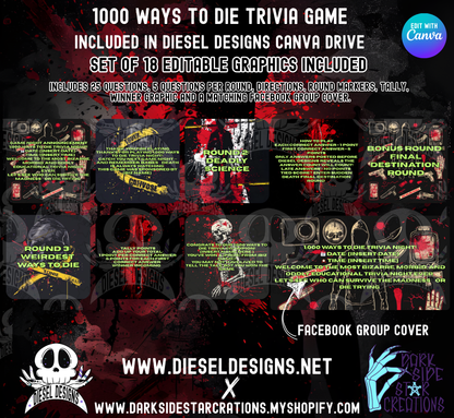1000 ways To Die — 18 Editable Canva Graphics, 25 Questions, 5 Rounds, Scorecards & Facebook Group Cover (Digital Download) 👾📣