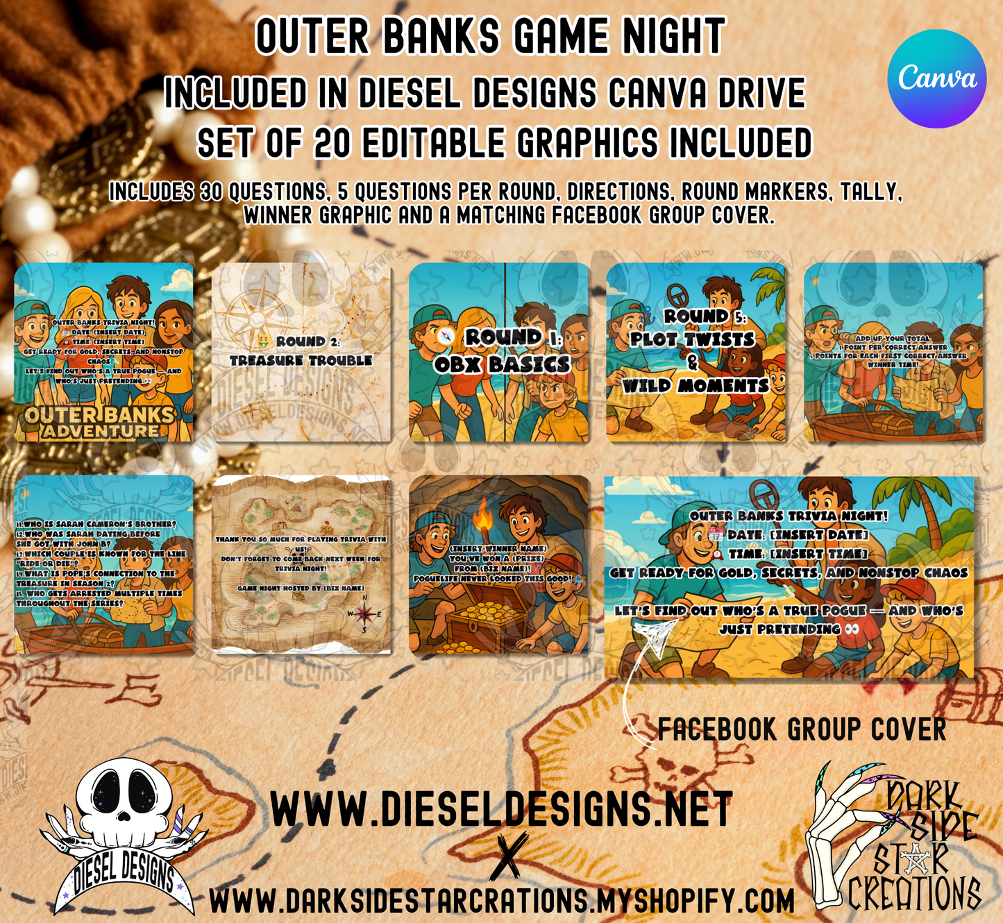 Outer Banks Trivia Game Night Kit — 20 Editable Canva Graphics, 30 Questions, 5 Rounds, Scorecards & Facebook Group Cover (Digital Download) 👾📣