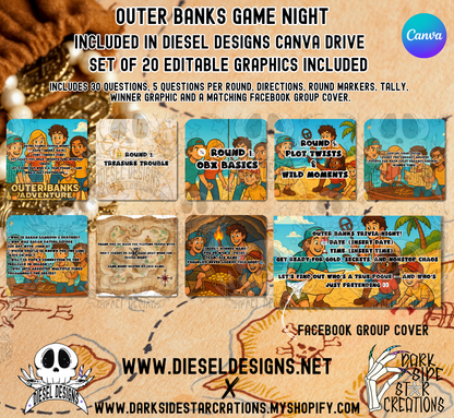 Outer Banks Trivia Game Night Kit — 20 Editable Canva Graphics, 30 Questions, 5 Rounds, Scorecards & Facebook Group Cover (Digital Download) 👾📣