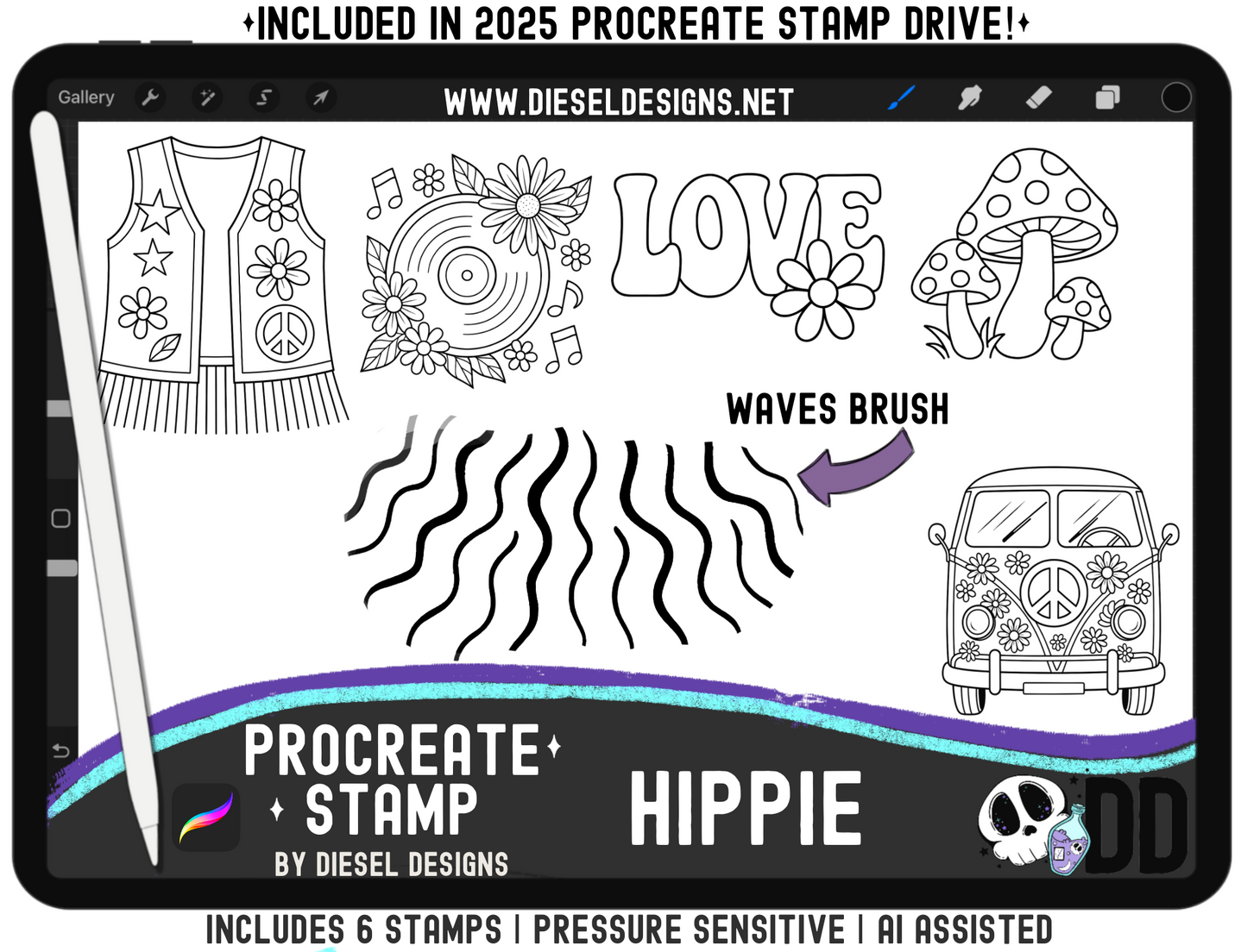 Hippie Stamp Set | PROCREATE BRUSHES/STAMPS | Digital File Only