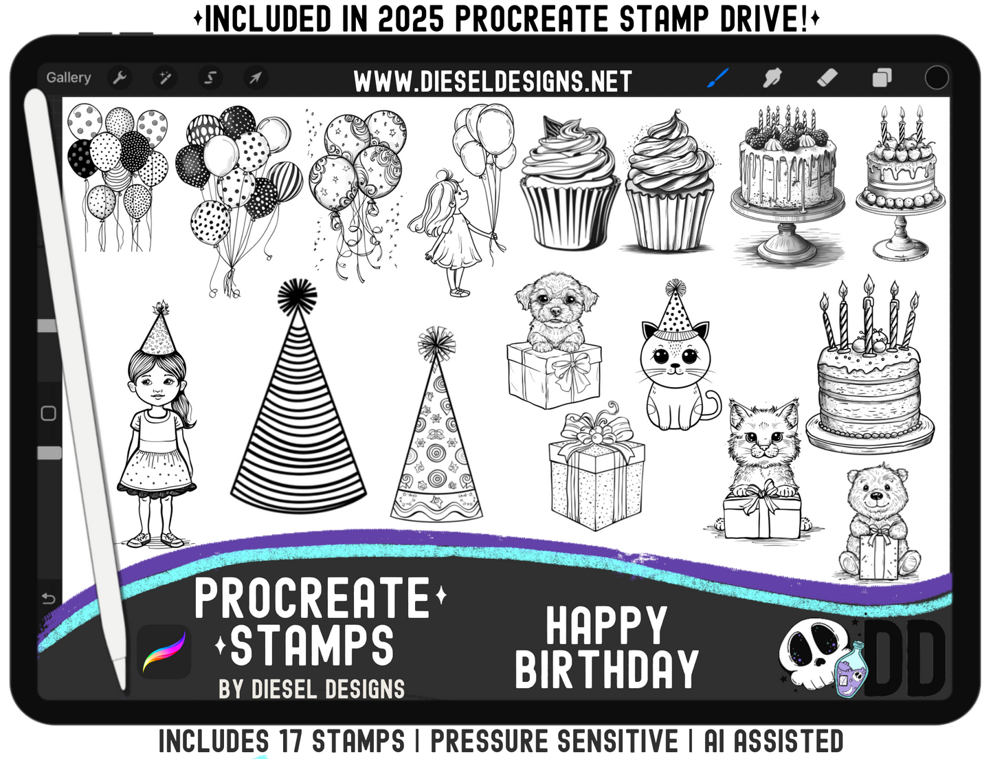 Happy Birthday Stamp Set | PROCREATE BRUSHES/STAMPS | Digital File Only