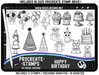 Happy Birthday Stamp Set | PROCREATE BRUSHES/STAMPS | Digital File Only