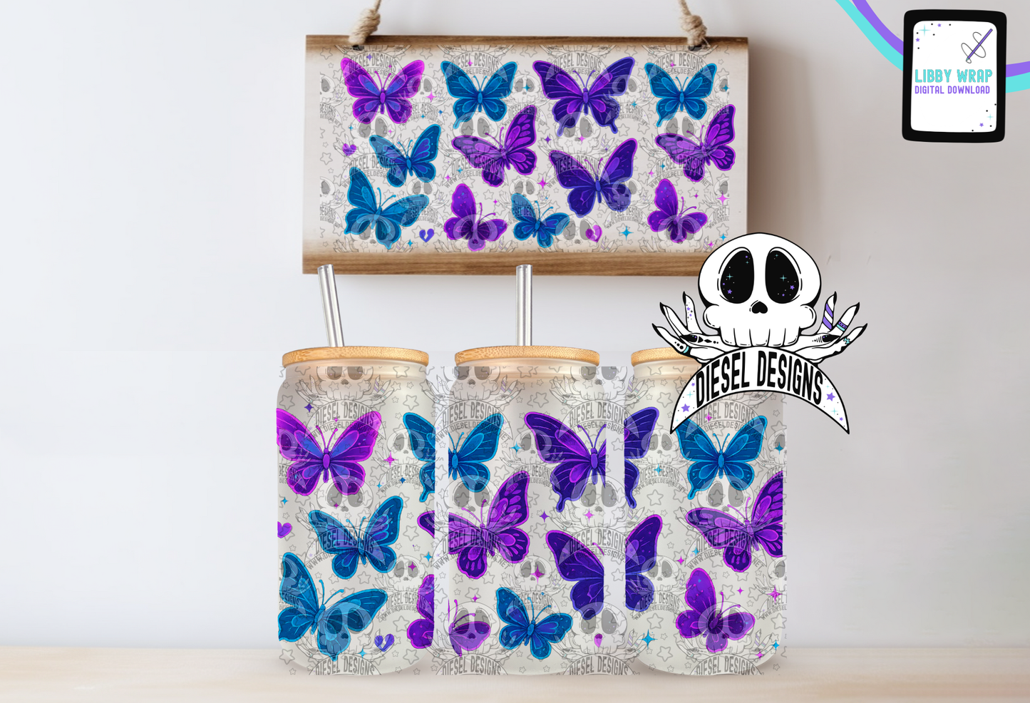 Neon Butterfly LIBBY WRAP | 300 DPI PNG | 16 oz Libby Wrap | Digital File Only
