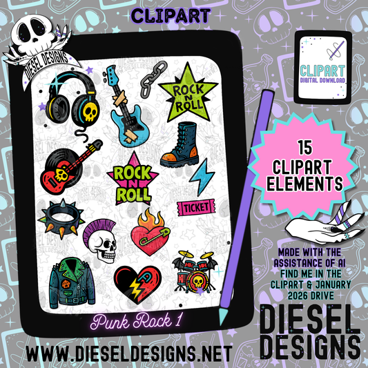 Punk Rock V1 Clipart & Elements Set of 15 | 300 DPI | Transparent PNG | Clipart & Elements |