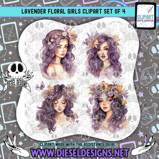 Lavender Floral Girls Clipart & Elements Set of 4 | 300 DPI | Transparent PNG | Clipart & Elements |
