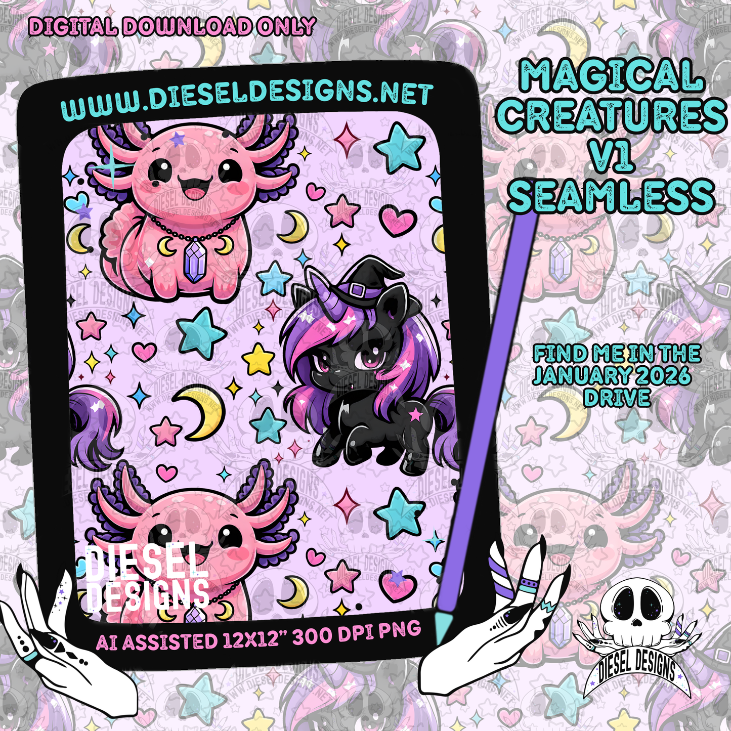 Magical Creatures V1 Seamless | Seamless File | 300 DPI | 12" x 12" | Digital File only